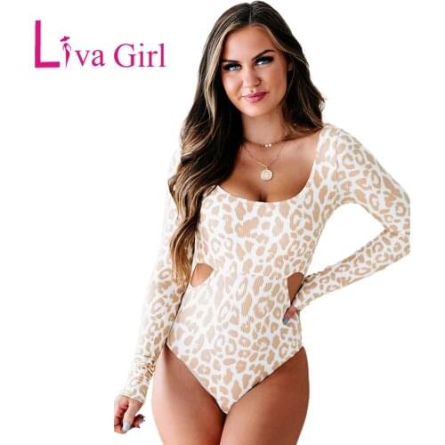 LIVA GIRL Woman Brown Animal Print Snaps Long Sleeve Bodysuit 2020 Winter Slash Neck Jumpsuits Female Sexy Button Body Tops S-L