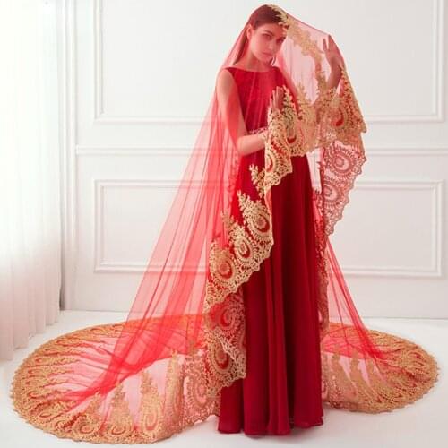 3m/4m/5m Long Red Wedding Veil with Gold Floral Applique High Quality Bridal Veils