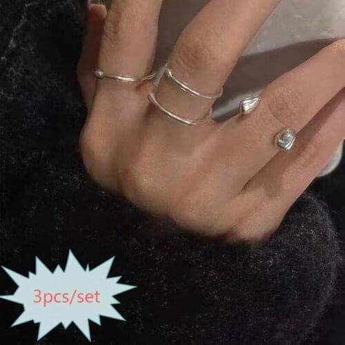 Besimpol 3 pcs/set Real 925 Sterling Silver Ring Fashion Simple Irregular Adjustable Rings For Women Luxury Fine Jewelry Gifts