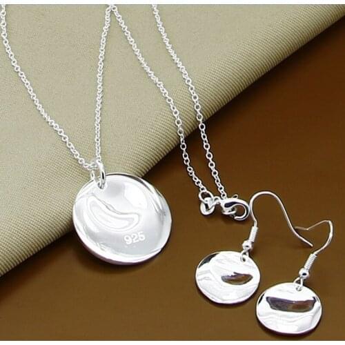 Brand New 925 Silver Jewelry Sets Simple Round Pendant Necklace Earrings Set Women Men Free Shipping