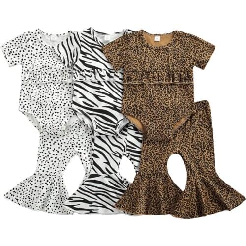 FOCUSNORM 0-18M Infant Baby Girls Clothes Sets 2pcs Leopard/Dot/Zebra Printed Ruffles Short Sleeve Romper Flare Pants
