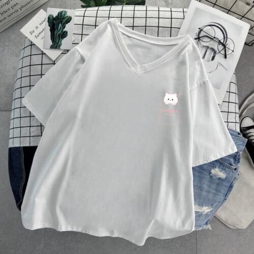 Summer Harajuku Cute Little Cat Pattern Ullzang T-shirts Cotton White Casual Tees Short Sleeved Loose Oversized T shirts Women