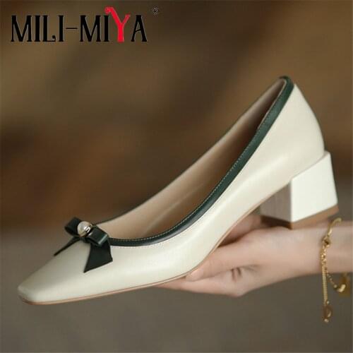 MILI-MIYA Casual Thick Heels Women Cow Leather Pumps Butterfly Knot Square Toe Slip On Solid Color Handmade For Lady Size 34-39