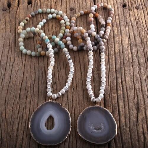 MD Fashion Bohemian Jewelry Natural Stones Big Gray Aegat Stone Pendant Necklaces Women Lariat Gift