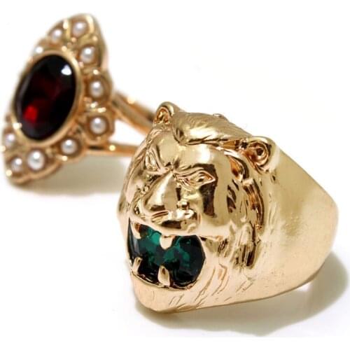 2 Pcs/set 2021 Fashion Jewelry Gold Color Green Zircon Lion Animal Rings Set For Women Girl Trendy Red Crystal Wedding Ring Gift