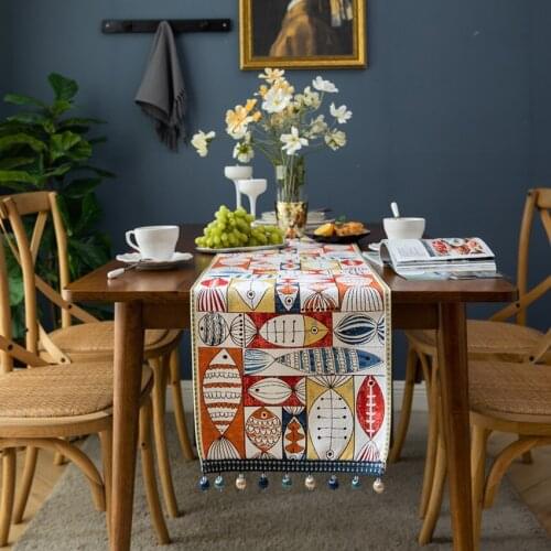 Polyester Table Runner Cartoon Fish Print Rectangle Desktop Cover Decoration Simple Modern Style Use for Home Dining Table Party
