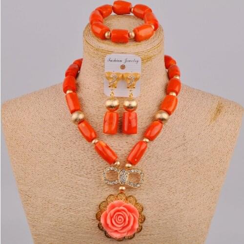 Newest Orange Coral Beads Jewelry Set Nigerian Wedding African Bridal Jewelry Sets 1C-A04
