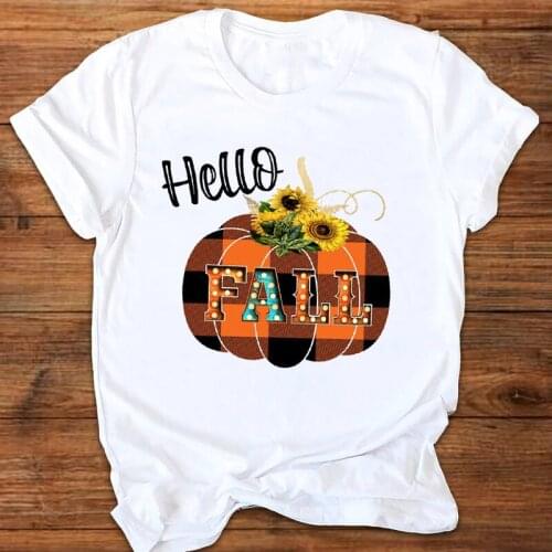New Women T Shirt Graphic Cartoon Plaid Pumpkin Fall Halloween Fashion Print Clothing Clothes Lady Tees Tops Female T-Shirts