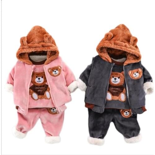 New Children Boys Girls Clothing Sets Toddler Baby Winter Woolen Vest Jackets Coat Pants Thick Warm Tracksuts Kids Sets0-4Y