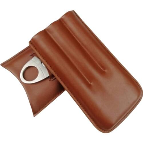Portable Leather Case for Travel Cedar Cigarettes Lined Wooden Humidors for Cigar Smokers 3 Tubes with Cigar Cutter (Brown)