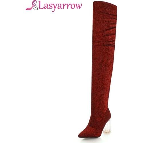 Lasyarrow Women Thigh High Boots Sexy Over the Knee Boots Pointy Toe High Heel Long Boots Black Red Wedding Shoes Gold Silver
