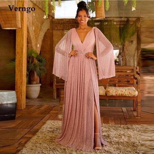 Verngo Glitter Blush Pink A Line Evening Dresses Long Cape Sleeves V Neck Floor Length Prom Dress Mother Formal Occasion Gown