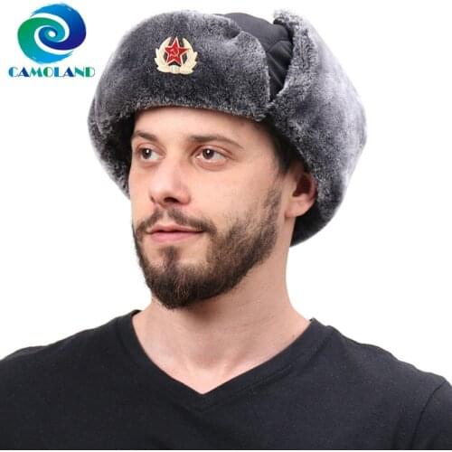 CAMOLAND Waterproof Bomber Hats Women Men Soviet Badge Russia Ushanka Hat Thermal Faux Fur Earflap Snow Caps Pilot Trapper Hats