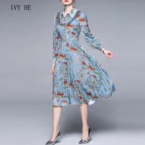 IVY HE High Quality Autumn Dress Woman Clothing Fashionable Pleated Print Slim Fit Long Dress Traf ZAfu Party Vintage Dresses