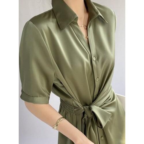 Long shirt skirt female summer 2021 new waist acetate satin dress texture plus size clothing for women vintage dress