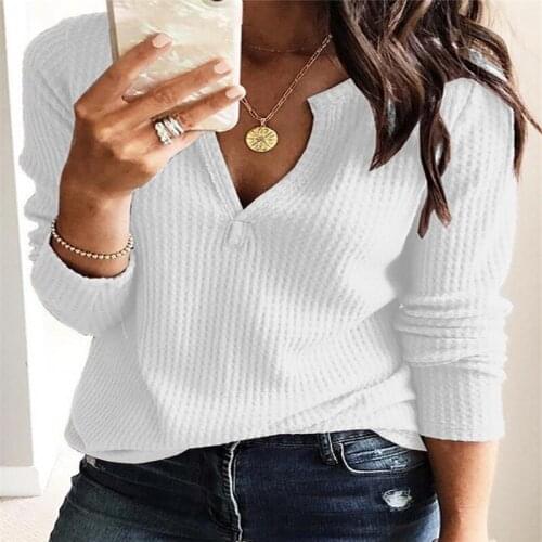 Womens Clothing Autumn Spring V Neck Blouses Solid Long Sleeve Waffle Knit Blouse Casual Slim Tops
