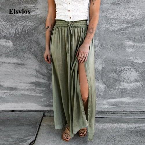 2021 Sexy Split Beach Long Skirts For Women Fashion Harajuku Solid Loose Maxi Skirt Casual Ladies Drawstring High Waist Skirts
