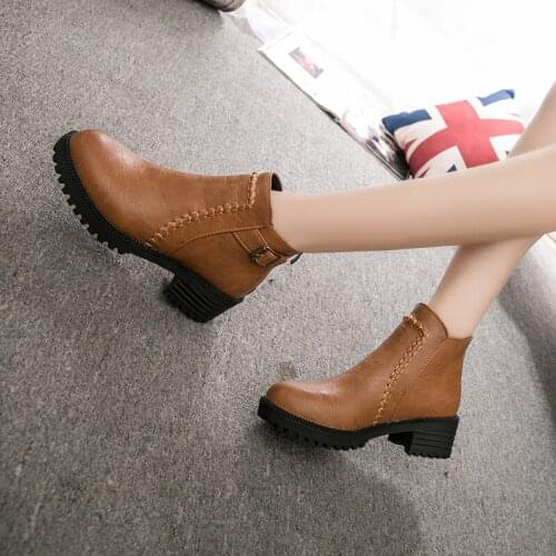 Womens Ankle Boots Zipper Square heel Vintage Print Leather Shoes for Women Buckle Strap Round Toe Casual Short Boots Shoes