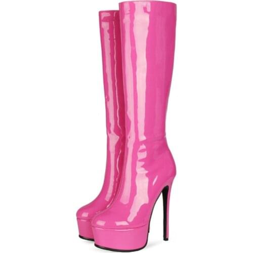 Fashion Womens High Boots Platform Patent Leather Knee High Boots Female High Heels Autumn Winter Red White Party Long Shoes