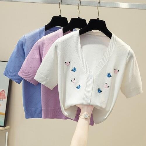 2021 Hot Sell Women Cardigan Lapel Cardigan Coat embroidery Short sleeve Sweater Summer Top Thin Casual Knitted Coat Female