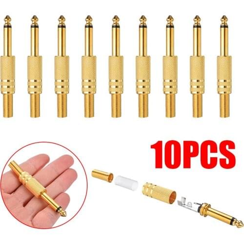 10pcs New Arrival 6.35mm Male Plug 1/4 Mono Audio Connector Gold Plated Headphone Amplifier Plugs Adapter Cable Accessories
