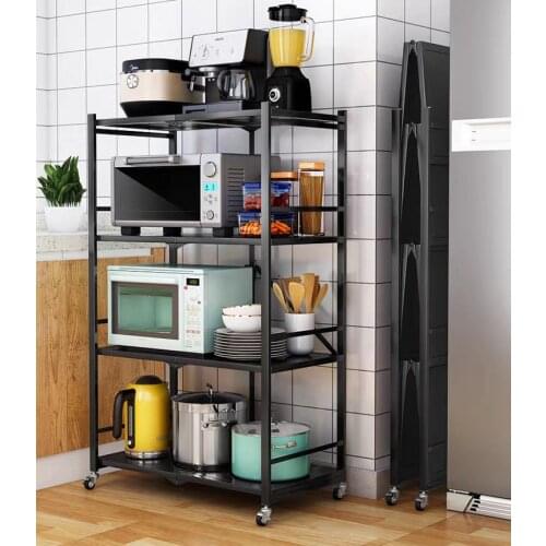 4 layer folding kitchen shelf with wheels floor pot microwave oven kitchen supplies storage rack kitchen trolley cart