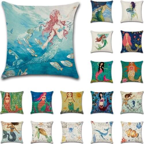 Watercolor Mermaid Blue Cushion Covers Tropical Fish Linen Decorative Throw Pillows Cover Sofa Livingroom Modern Art Pillowcase