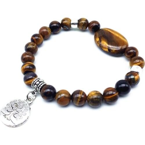 Natural Stone Bead Bracelets Gift 8 mm Round Yellow Tiger Eye Beads Bangle with Charm African Style Jewelry