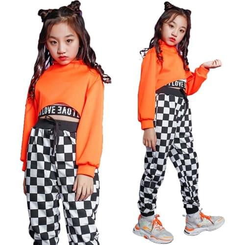Kids Girls Hip-hop Perform Dance Costume Orange Crop Top / Black White Plaid Trouser Clothes Children Birthday Gift Casual Wear