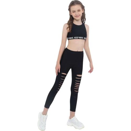 Kids Girls Summer Yoga Gym Sportsuit Ballet Dancewear Sleeveless Crisscross Back Crop Top with Elastic Hollow Front Leggings Set