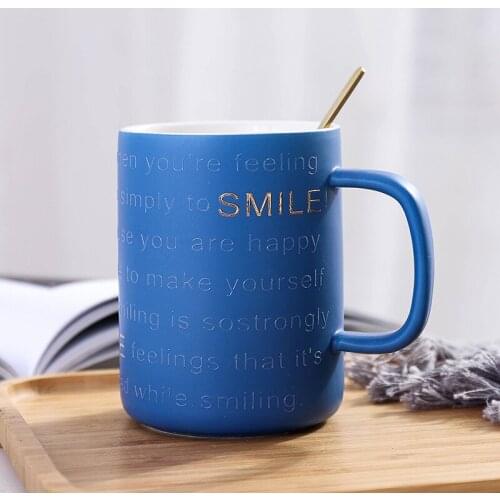 Glod Smile Positive Letter Coffee Mug with Glod Lid Spoon Ceramic Tea Cup Gift for Women Girls 400ml