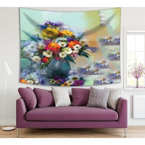 Tapestry Flowers Bouquet in Vase Still Life Oil Painting Soft 6colors Vintage Style Artwork Printed Blue Yellow White