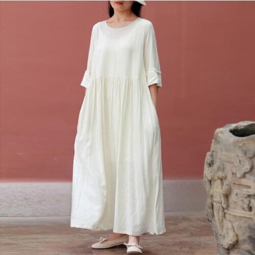 Johnature Women Vintage Cotton Linen Dresses O-Neck Half Sleeve Solid Color Dress 2021 Spring New Button Loose Long Dress