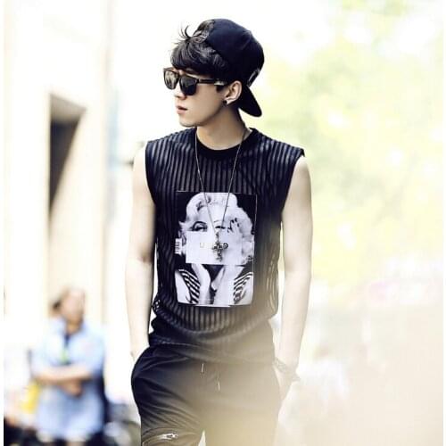 Mens New Summer Male Fashion Stripe Of Perspective Gauze T-shirt Male Casual Loose Applique T-shirt Singer Costumes