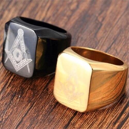 Golden and Black Mens Rings Jewelry Freemasonry Free Mason Ring Masonic Ring Stainless Steel Finger Ring Size 7 to 14