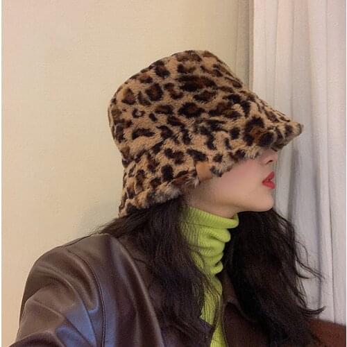 New Fashion Leopard Print Women Bucket Hat Winter Faux Fur Female Fisherman Cap Outdoor Soft Velvet Lady Sun Hat