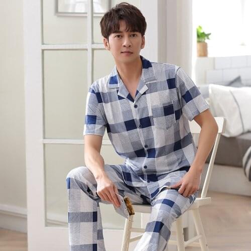 High Quality Full Pure Cotton New Summer Pajama Sets Plaid Pijamas Hombre Plus Size 3XL For 100KG Pajamas Mens Sleepwear