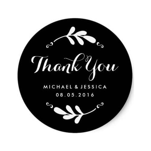 3.8cm Rustic Leaf Black White Wedding Thank You Sticker