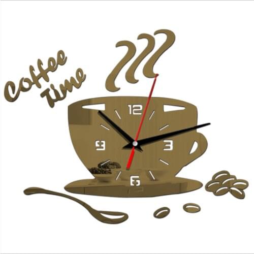 Creative DIY Acrylic Mirror Wall Clock Simple Home Decoration Silent Coffee Cup Wall Sticker Quartz Clock