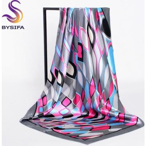 [BYSIFA] Spring Grey Pink Silk Scarf For Ladies Spring Autumn Satin Large Square Scarves Wraps 90*90cm Geometric Pattern Scarves