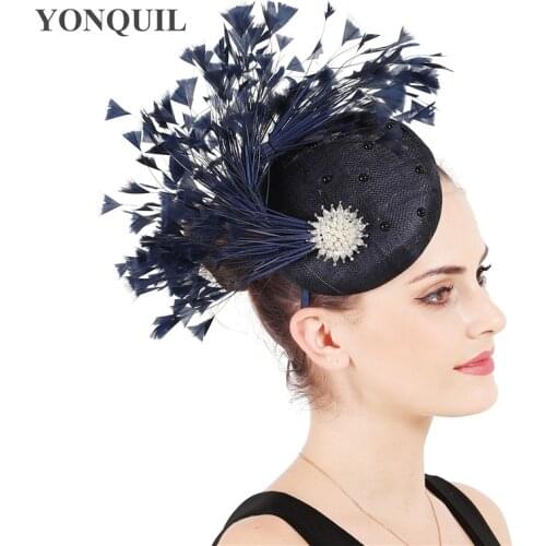 Elegant Feathers Millinery Hat 4-Layer Sinamay Nice Navy Fascinator Hat Races Gorgeous Headwear For Women Event Hair Accessories