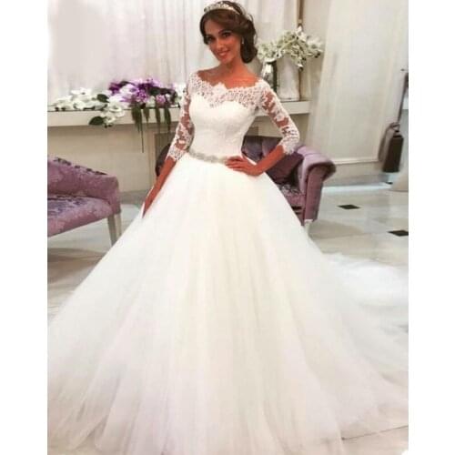 Long Sleeves Wedding Dress 2020 Bridal Gown Tulle Lace Appliques Wedding Dresses White/Lvory Romantic Buttons