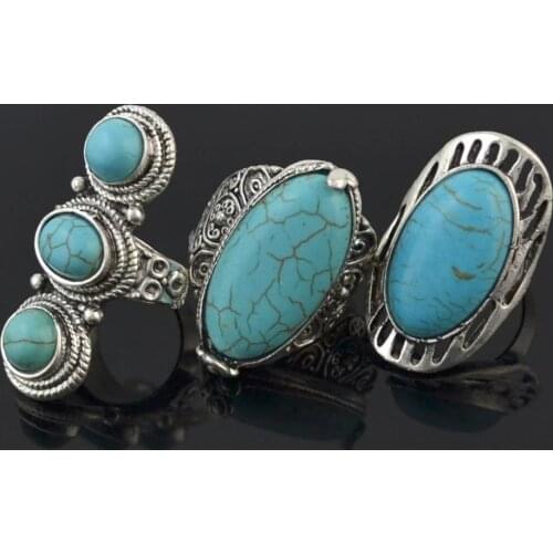 Vintage Tibetan Silver Color Metal Boho Green Stone Rings Adjustable For Women Party Antique Big Carved Flower Turquoises Ring