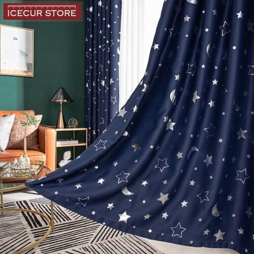 ICECUR Silver Stary Sky Printed Kids Blackout Curtains for Kids bedroom Living room Window Blinds Simple Modern Curtain Custom