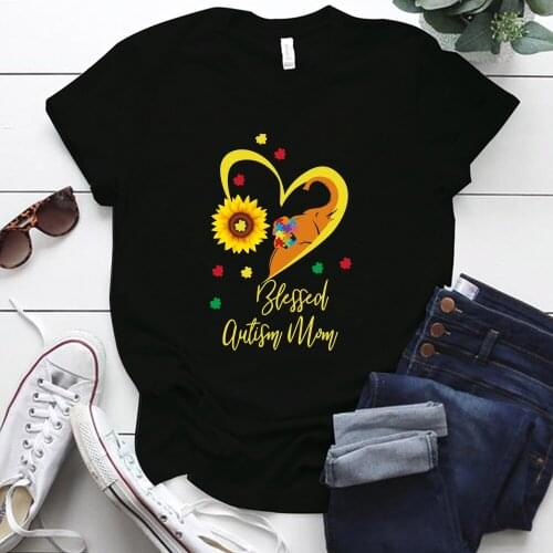 Blessed Autism Mom Print Tshirt Women Short Sleeve Summer Casual Shirts for Woman Girl Femme Mothers Day Gift Aesthetic Clothes