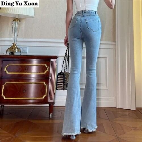 Womens High Waist Jeans 2021 Flare Denim Pants for Ladies Fashion Stretch Pocket Trousers Black Blue Slim Skinny Jean Femme