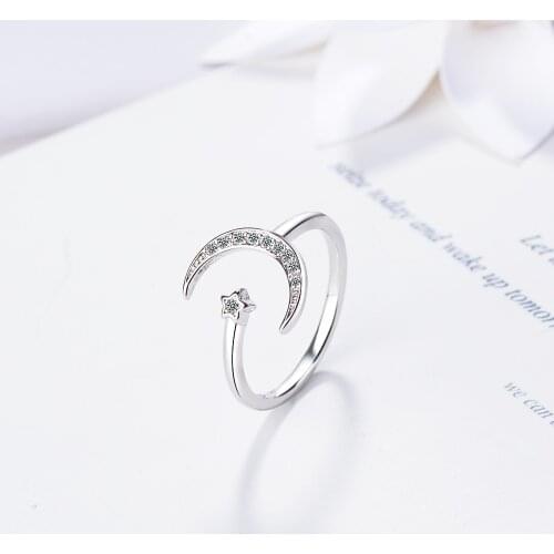 925 Sterling Silver Zircon Star Moon Rings For Women Adjustable Finger Ring Anillos Birthday Gift jz336