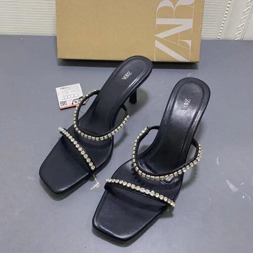 Women slippers 2020 The New Womens shoes black Square toe outdoor rhinesone accessories High heels sandals Female Stiletto