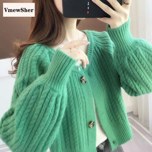 VmewSher New Short Cardigan Sweater Women O Neck Solid Long Sleeve Knitted Crop Tops Slim Knitwear Spring Fashion Twist Outwear