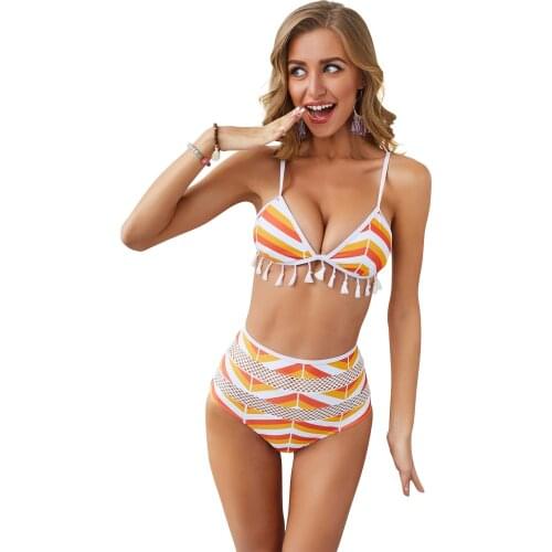 2020 New Women Striped Swimwear Bikinis Set Tassel Bohemia Swimsuit Beach Bodysuit Female Biquini Summer Bathing Suit Swim Wear